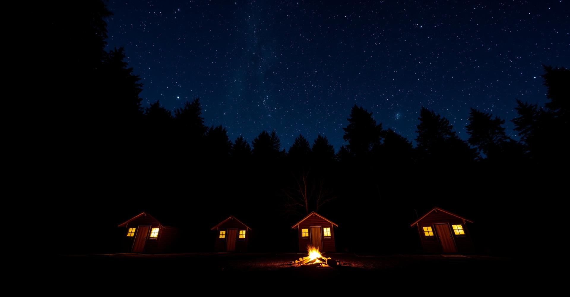 Barrel cabins glowing beneath a star-filled West Coast night sky