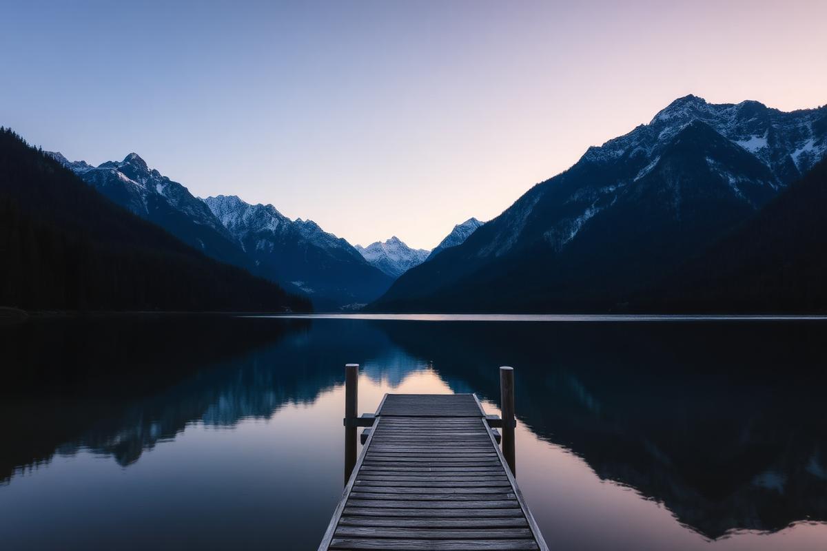 Still waters of Lake Brunner reflecting forested ranges at first light