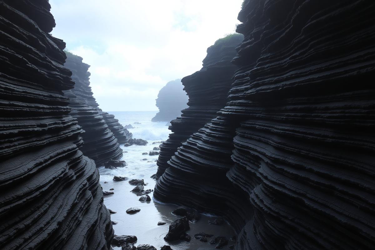 Layered limestone Pancake Rocks at Punakaiki with sea spray